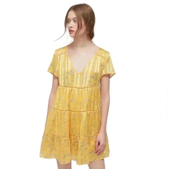 Urban Outfitters Yellow Gold Pippa Chiffon Tiered Floral Mini Dress Size XS - Picture 2 of 14